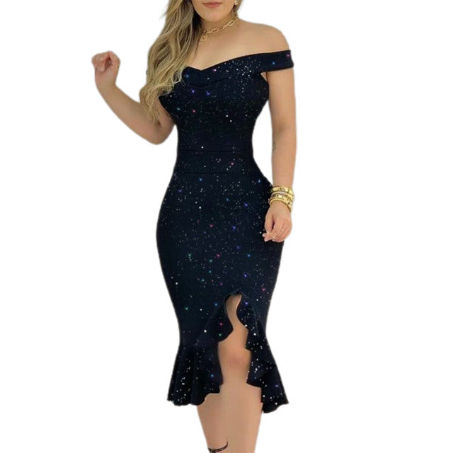 Elegant Dresses For Women Party Fashion Solid Sexy Shiny Dress Women Sexy Off Shoulder Split Ruffle Solid Color Bodycon Dresses