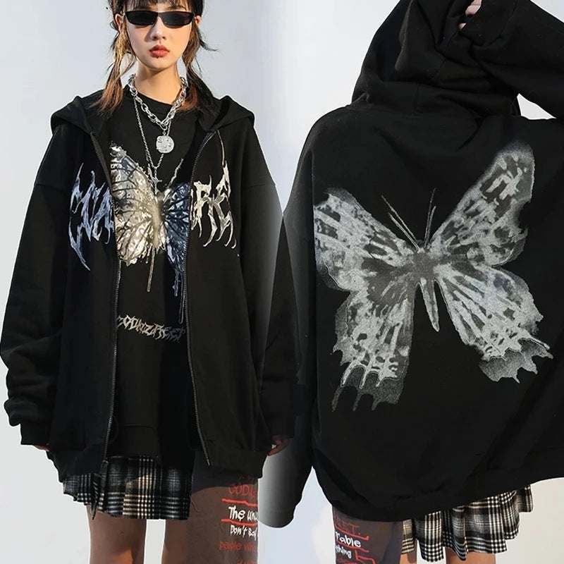 Harajuku Women Hoodies Autumn Winter Punk Butterfly Printed Long Sleeve Loose Zipper Jacket Coat Female Oversized Sweatshirt