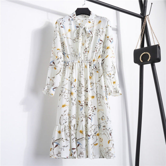 2022 vestido de mujer con estampado Floral para mujer otoño manga larga Vintage gasa pajarita cuello Oficina señora camisa vestido de verano Vestidos