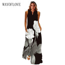 WAYOFLOVE 2022  Sleeveless Black Dress Summer Beach Casual Elegant Breathable Long Dresses Woman V Neck Rose Print Women&