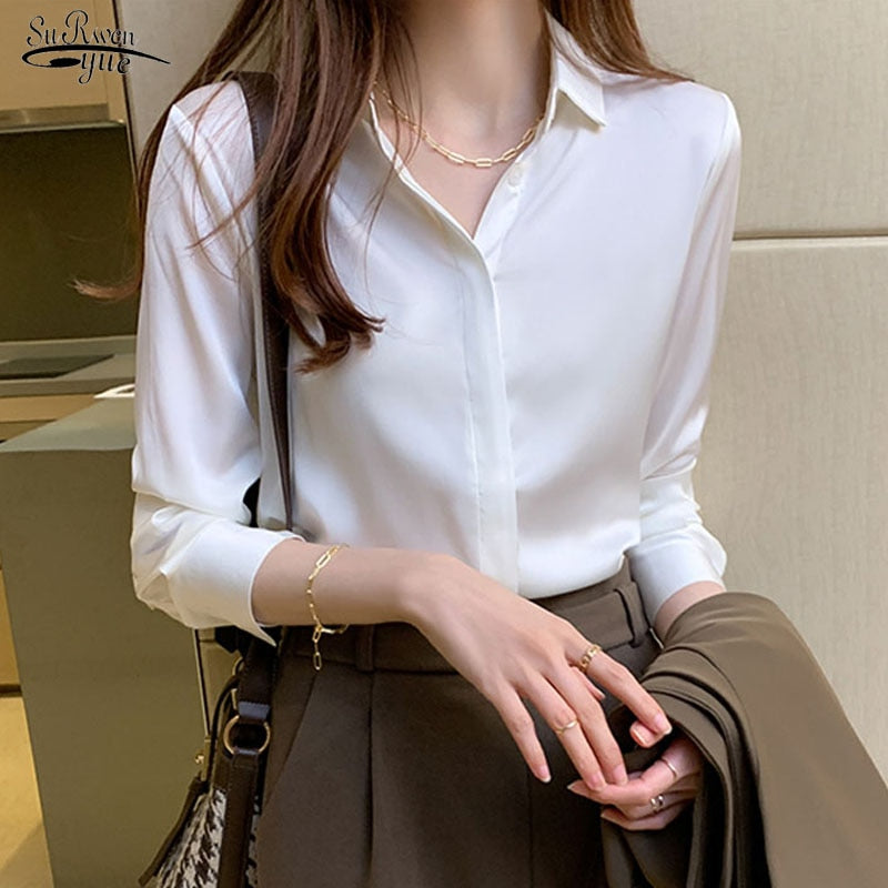 Blusa Vintage para mujer, moda de otoño, camisa de seda satinada con botones, camisa blanca de manga larga para mujer, camisas de calle sueltas para mujer, blusa 12084