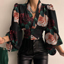 Spring Fashion Women Shirt Lantern Long Sleeves Casual Solid Color Printed Slim Buttons V Neck Blouse Commute High Street Shirts
