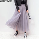 OHRYIYIE 2022 Autumn Winter Vintage Tulle Skirt Women Elastic High Waist Mesh Skirts Long Pleated Tutu Skirt Female Jupe Longue