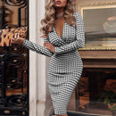 Sexy Deep V-neck Long Sleeve Slim Dress Women Fall Fashion Solid Double Breasted Elegant Office Ladies Dress Party Dresses Robe