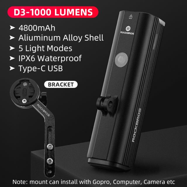 ROCKBROS 1000LM Bike Light Front Lamp USB Rechargeable LED 4800mAh Bicycle Light Waterproof Headlight Bike Accessories
