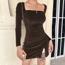 DFLlifes Sexy Women Dress Velvet Split Party Clubwear Long Sleeve Slim Female Dresses 2022 Hot Black Bodycon Solid Mini Vestidos