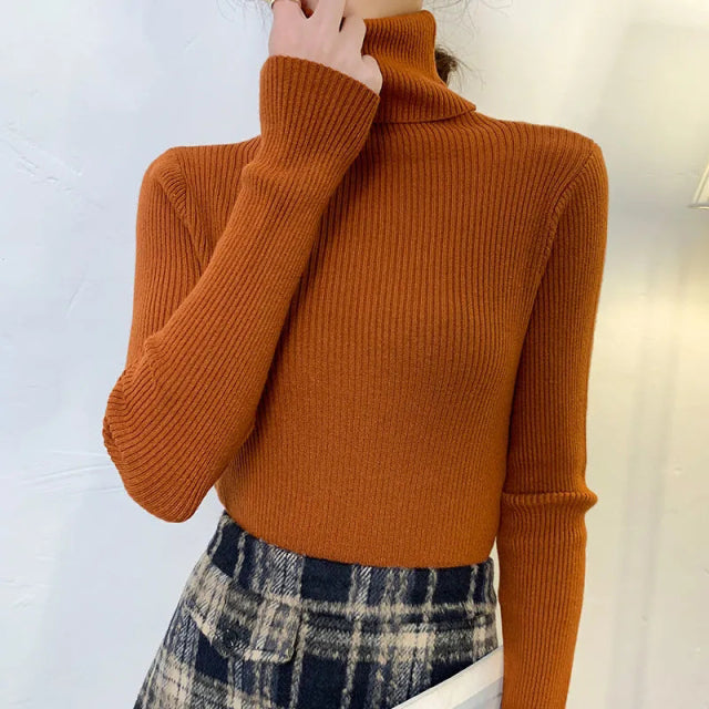 Zoki New 2022 Women Pullover Turtleneck Sweater Autumn Long Sleeve Slim Elastic Korean Simple Basic Cheap Jumper Solid Color Top