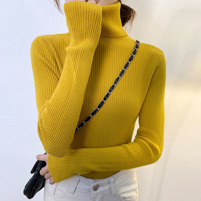 Zoki New 2022 Women Pullover Turtleneck Sweater Autumn Long Sleeve Slim Elastic Korean Simple Basic Cheap Jumper Solid Color Top