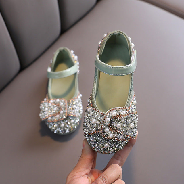 2022 New Childrens Shoes Pearl Rhinestones Shining Kids Princess Shoes Baby Girls Shoes For Party and Wedding D487