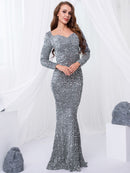 Long Sleeve Sequin Maxi Dress Floor Length Sparkles Stretch V Neck Mermaid Formal Evening Night Party Gown Grey Black Red