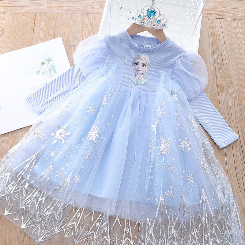 Mädchen Cartoon Kleid 2022 Herbst Mode Gefrorene Elsa Prinzessin Kleider Kinder Langarm Mesh Kostüm Krone + Zauberstab Mädchen Kleidung