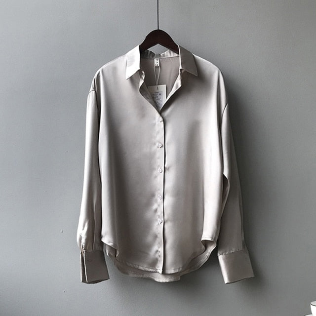 Seide Koreanische Büro Damen Elegante Hemdbluse Damenmode Button Up Satin Hemd Vintage Weiß Langarmshirts Tops 11355