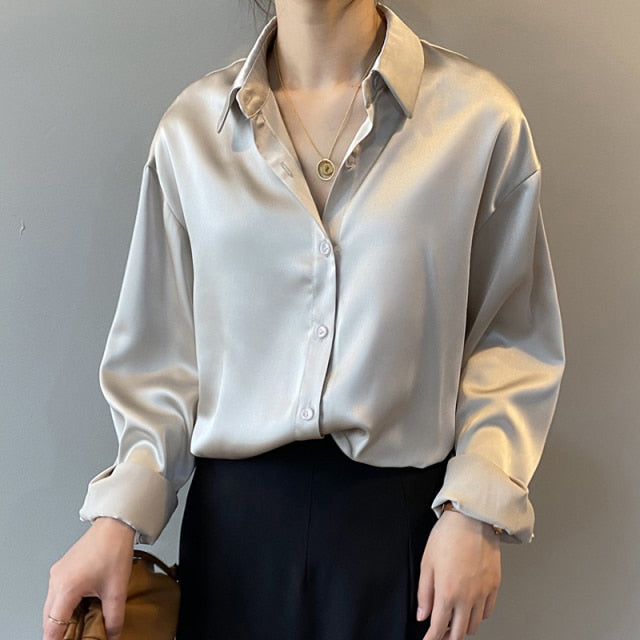 Seda coreana Oficina señoras elegante camisa blusa mujer moda botón arriba satén camisa Vintage blanco manga larga camisas Tops 11355