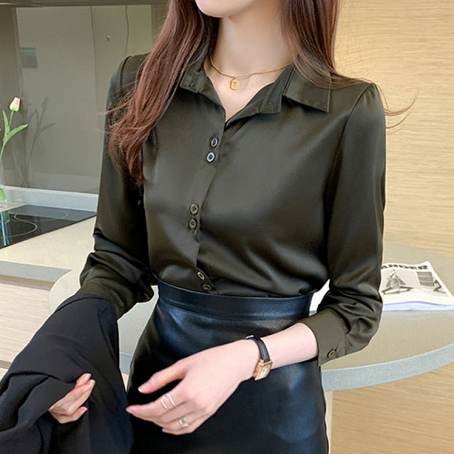 2021 Fashion Satin Long Sleeve Blouses Button Up White OL Vintage Tops V-neck Solid Ladies&#39; Tops Women&#39;s Silk Shirts Women 17278