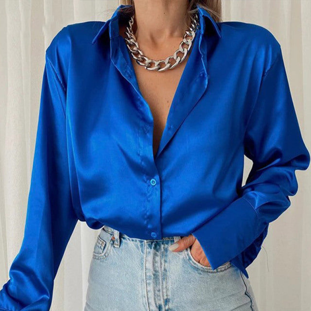Frauen 2022 Elegante Satin Solide Langarm Blusen Weibliche Chic Vintage Blau Grün Beiläufige Lose Passform Buttons Down Shirts Tops