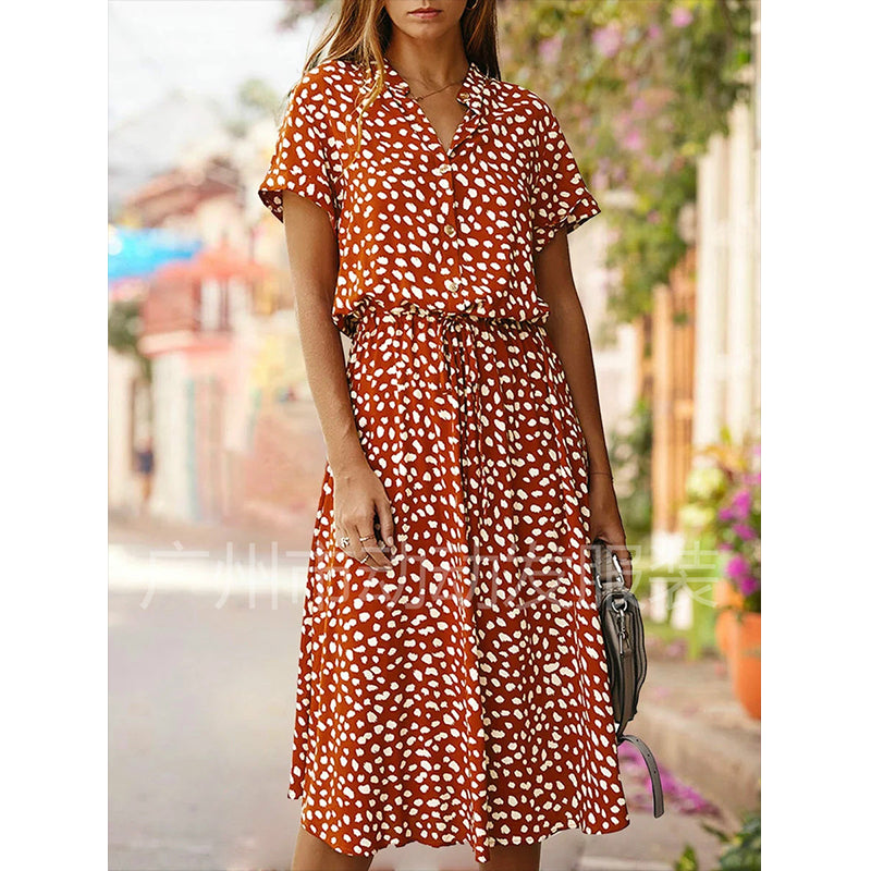 2021 Sommer Polka Dot Kleid Damen Hemdkleid mit Leopardenmuster, Bohemian, mittellang, hohe Taille, Bademode, Urlaub, Sommer