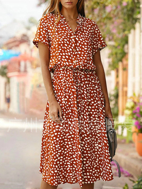 2021 Sommer Polka Dot Kleid Damen Hemdkleid mit Leopardenmuster, Bohemian, mittellang, hohe Taille, Bademode, Urlaub, Sommer