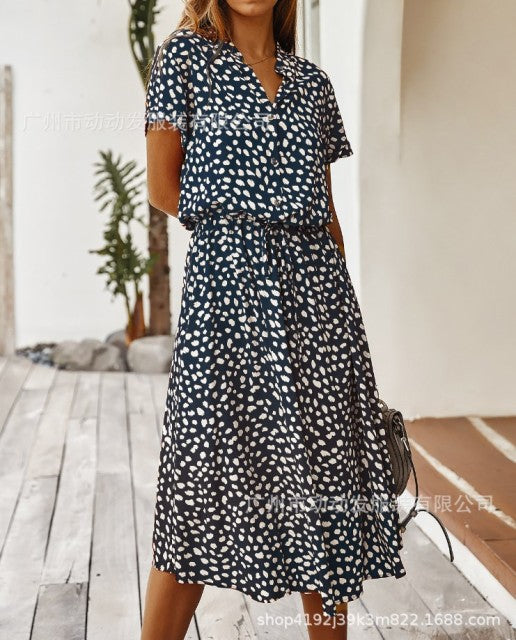 2021 Summer Polka Dot Dress Ladies Leopard Print Shirt Dress, Bohemian, Mid-length, High Waist, Beachwear, Vacation, Summer