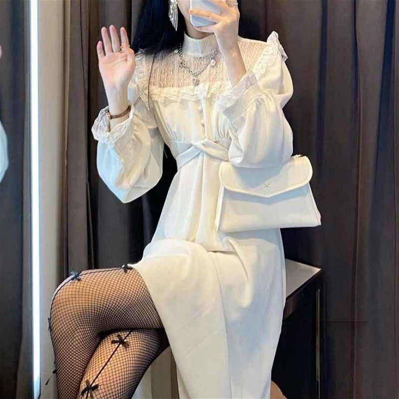 Französische Spitze Vintage Kleid Damenmode Pufferhülse Elegantes Einteiliges Kleid Koreanisch 2022 Frühling High Street Schlankes Midikleid Y2k