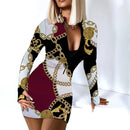Sexy Long Sleeve Bodycon Mini Dress Women Autumn 2021 Fashion Deep V Neck Print Club Outfits Party Dresses Casual Robe Femme