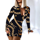 Sexy Long Sleeve Bodycon Mini Dress Women Autumn 2021 Fashion Deep V Neck Print Club Outfits Party Dresses Casual Robe Femme