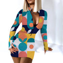 Sexy Long Sleeve Bodycon Mini Dress Women Autumn 2021 Fashion Deep V Neck Print Club Outfits Party Dresses Casual Robe Femme