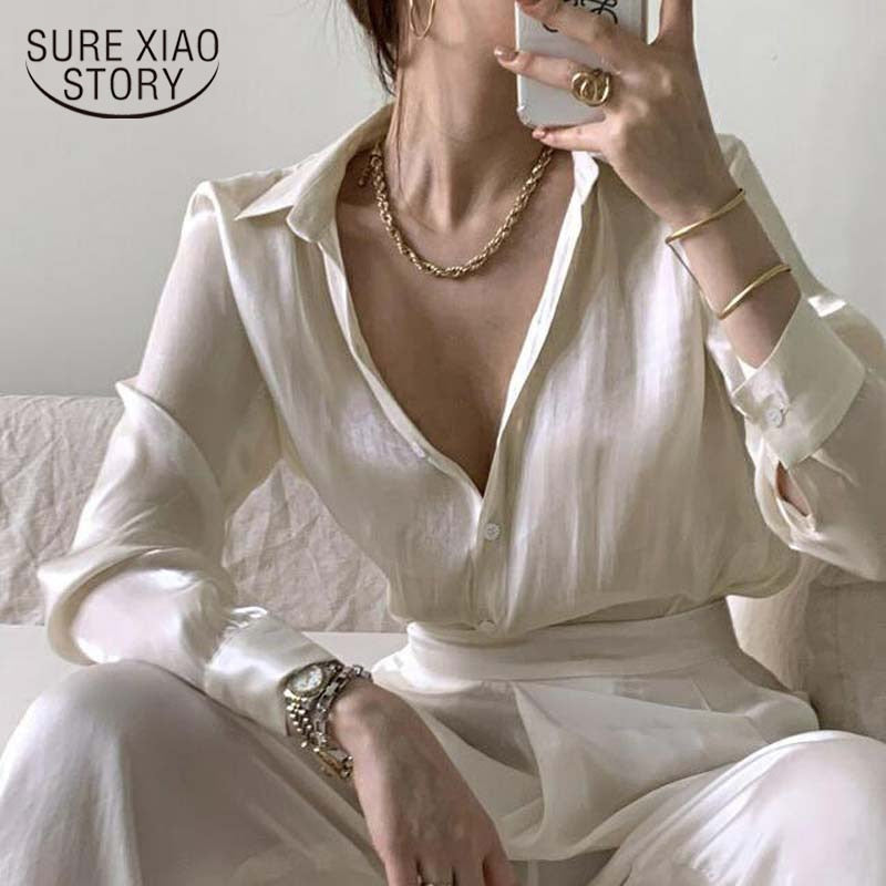 Camisa de seda satinada con botones de otoño, blusa Vintage para mujer, moda de primavera, blusas holgadas de manga larga blancas para mujer, camisas de calle coreanas