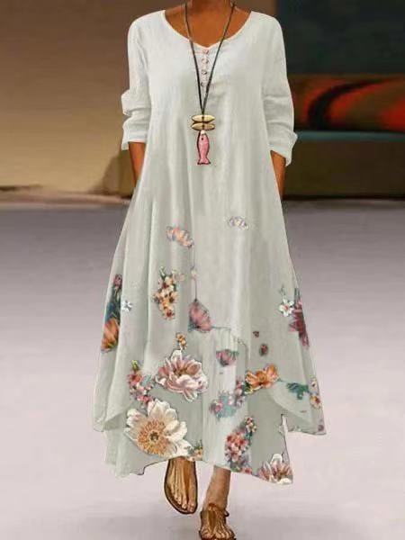 Elegantes Frauen-Maxikleid 2022 Frühlings-Sommer-Blumendruck-lange Kleider-beiläufige lange Hülsen-unregelmäßiger Saum plus Größen-Kleid Vestidos