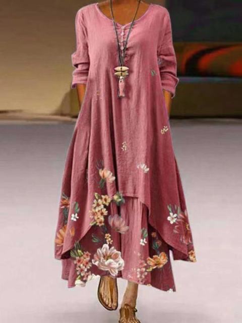 Elegantes Frauen-Maxikleid 2022 Frühlings-Sommer-Blumendruck-lange Kleider-beiläufige lange Hülsen-unregelmäßiger Saum plus Größen-Kleid Vestidos