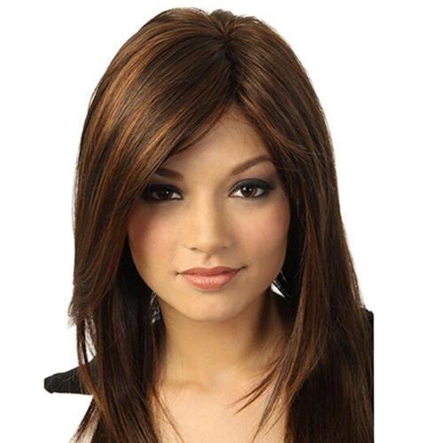 Mujeres marrón oscuro largo recto flequillo parcial peluca completa con flequillo fiesta resistente al calor accesorios de peluca de cabello natural