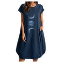 Women Casual O-Neck Short Sleeve Mid-Calf Summer Dress With Pocket Denim Basic Solid Dress Beach Party Loose Dress Holiday