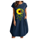 Women Casual O-Neck Short Sleeve Mid-Calf Summer Dress With Pocket Denim Basic Solid Dress Beach Party Loose Dress Holiday