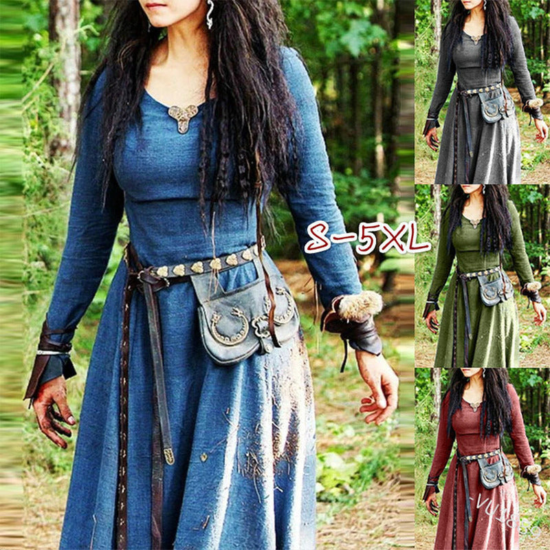 Mittelalterliches Kleid Damen Langarm Maxi Robe Vintage Fee Elfenkleid Renaissance Celtic Viking Gothic Kleidung Fantasy Ballkleid