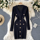 Women Knitted Pencil Dress Korean Long Sleeve V Neck Elastic Slim Dress Autumn Winter Sexy Bodycon Warm Sweater Dress