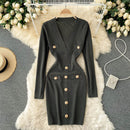 Women Knitted Pencil Dress Korean Long Sleeve V Neck Elastic Slim Dress Autumn Winter Sexy Bodycon Warm Sweater Dress