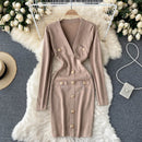 Women Knitted Pencil Dress Korean Long Sleeve V Neck Elastic Slim Dress Autumn Winter Sexy Bodycon Warm Sweater Dress