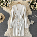 Women Knitted Pencil Dress Korean Long Sleeve V Neck Elastic Slim Dress Autumn Winter Sexy Bodycon Warm Sweater Dress