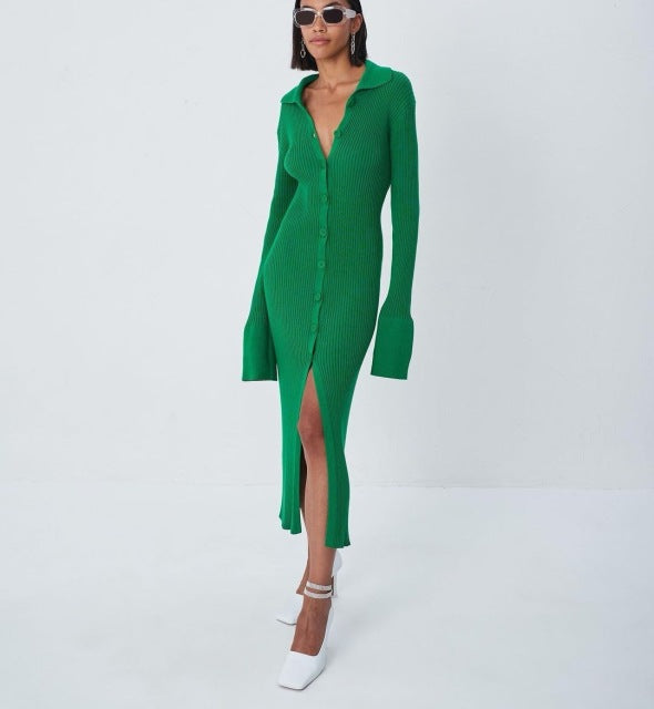 Frauen Y2K Strick Langarm Pullover Maxi Korean Kleid Damen Einreiher Elegant Mid Split Slim Casual Robe Kleider Kleidung