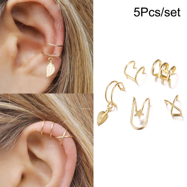 LATS Gold Leaves Ear Cuff Black Non-Piercing Ear Clip Earrings for Women Men Fake Cartilage Earring Cuff Trend Jewelry Wholesale