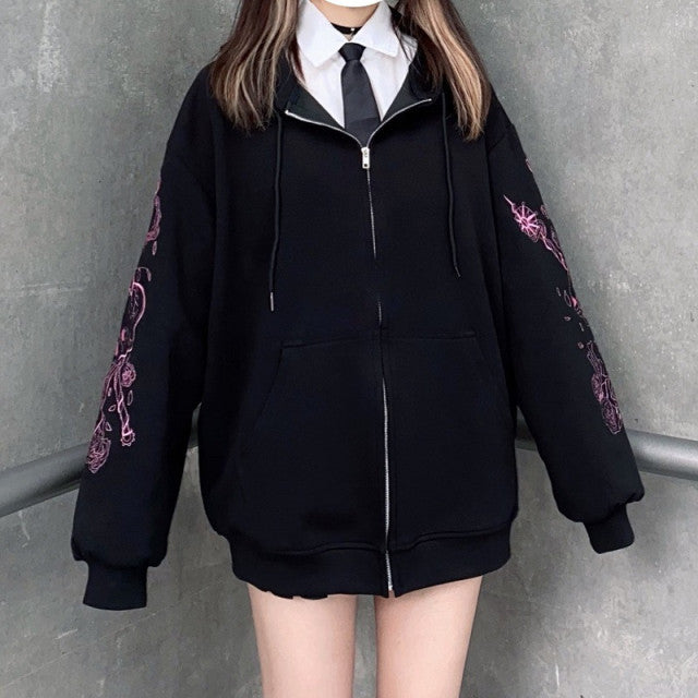 Y2K Strass Skelett Hoodies Frauen Gothic Schwarz Reißverschluss Übergroße Sweatshirts Weibliche Retro Harajuku Kapuzenjacke Streetwear