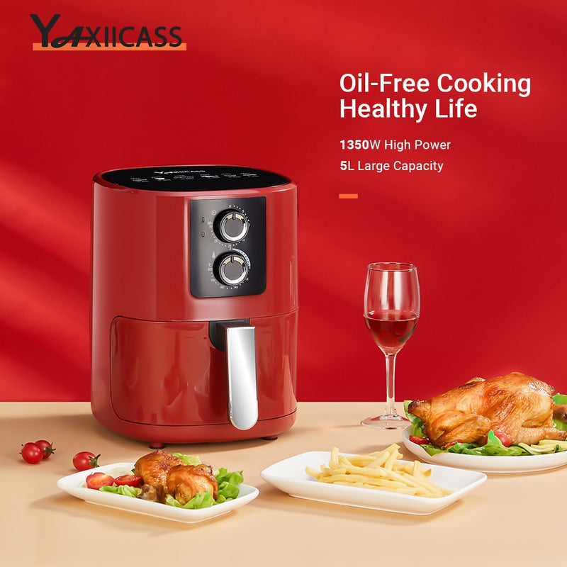 YAXIICASS Air Fryer 360° Baking Deep Fryer Without Oil 5L Large Capacity Air Frier Home Cooking Electric Oven With Timer Control