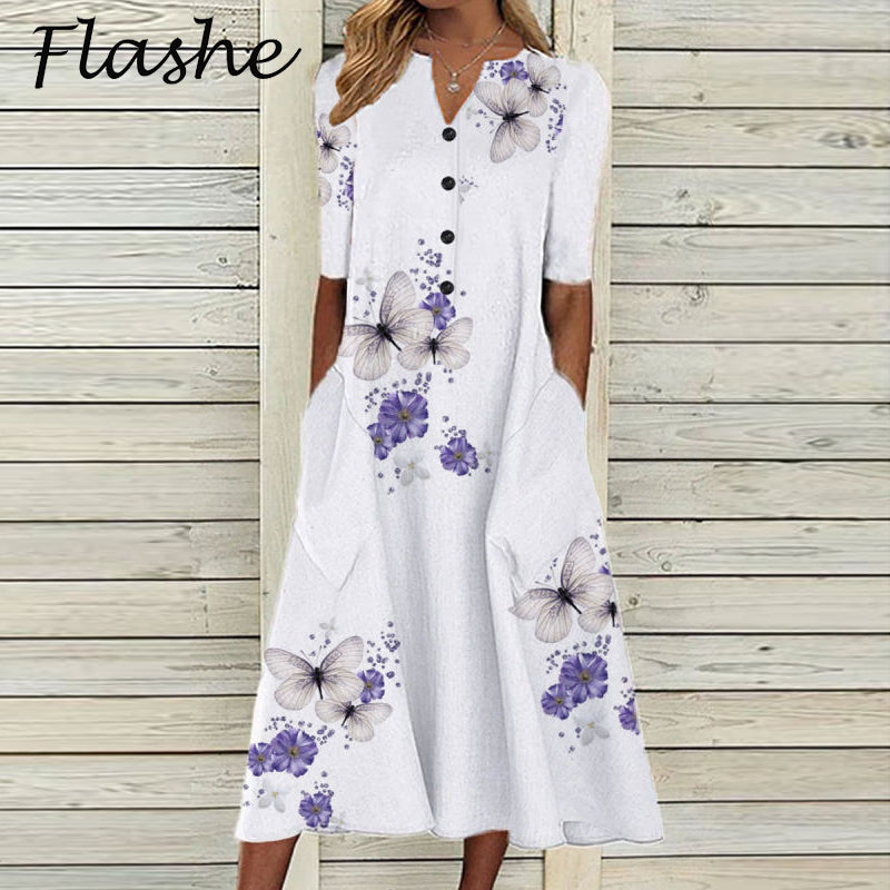 Elegante Damenkleider V-Ausschnitt Kurzarm Knopf Partykleid Damen Sommer Vintage Print Kleid Beiläufige Lose Blumendamenkleider
