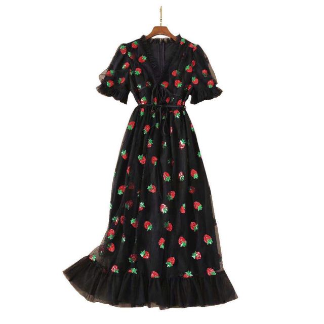 ISAROSE 2022 vestido de fresa para mujer con escote en V profundo manga abullonada dulce gasa malla lentejuelas bordado francés vestidos de fiesta 4XL 5XL