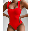 Gossina 2021 New Sexy Female Swimsuit Vintage One Piece Ruffled Push Up Solid Red Swimwear Women Monokini Padded Bathing Suits