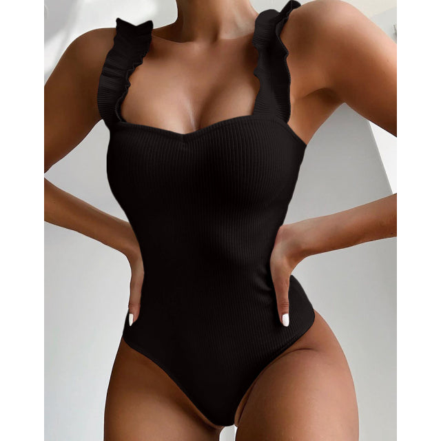 Gossina 2021 New Sexy Female Swimsuit Vintage One Piece Ruffled Push Up Solid Red Swimwear Women Monokini Padded Bathing Suits