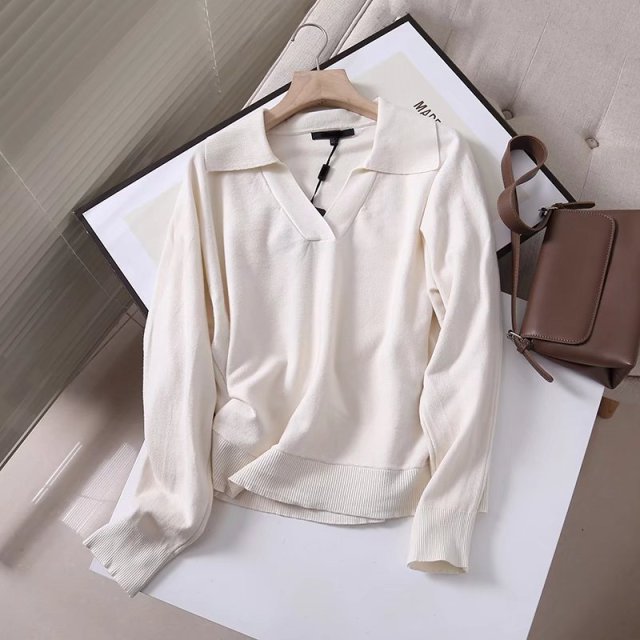 2022 Office Lady Striped V Neck Wool Women Sweaters Polo Shirt Long Sleeve Oversized Casual Wool Pullovers Female Sweaters