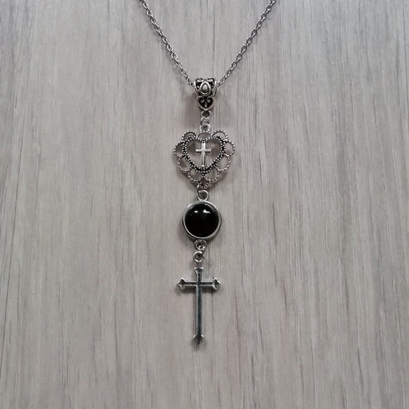 Nuevo collar de cruz, colgante, ónix, negro, piedra, corazón, cruz, gótico, collares góticos para mujer