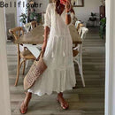 Maxi vestido blanco de verano, elegante, de manga corta, ahuecado, Vestidos bohemios para mujer, vestido holgado con cuello de pico, Vestidos holgados