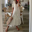 Maxi vestido blanco de verano, elegante, de manga corta, ahuecado, Vestidos bohemios para mujer, vestido holgado con cuello de pico, Vestidos holgados