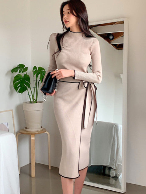 SMTHMA 2022 nuevo Otoño Invierno estilo coreano temperamento vestido señoras cintura delgada con cordones de punto de longitud media suéter vestido Vestidos